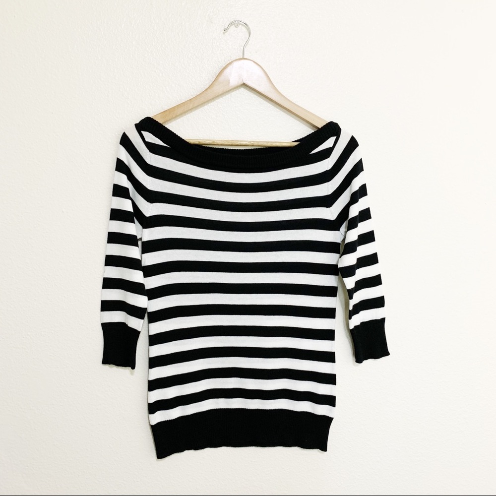 Black and White Striped Off Shoulder Sweater